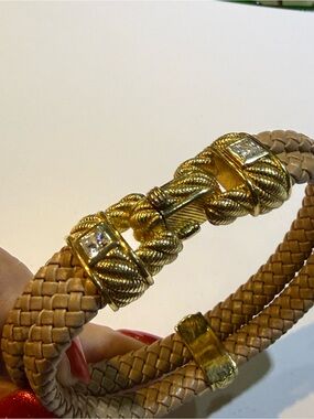 Judith Ripka Leather Bracelet Braided Gold Tone 925 Sterling Silver
